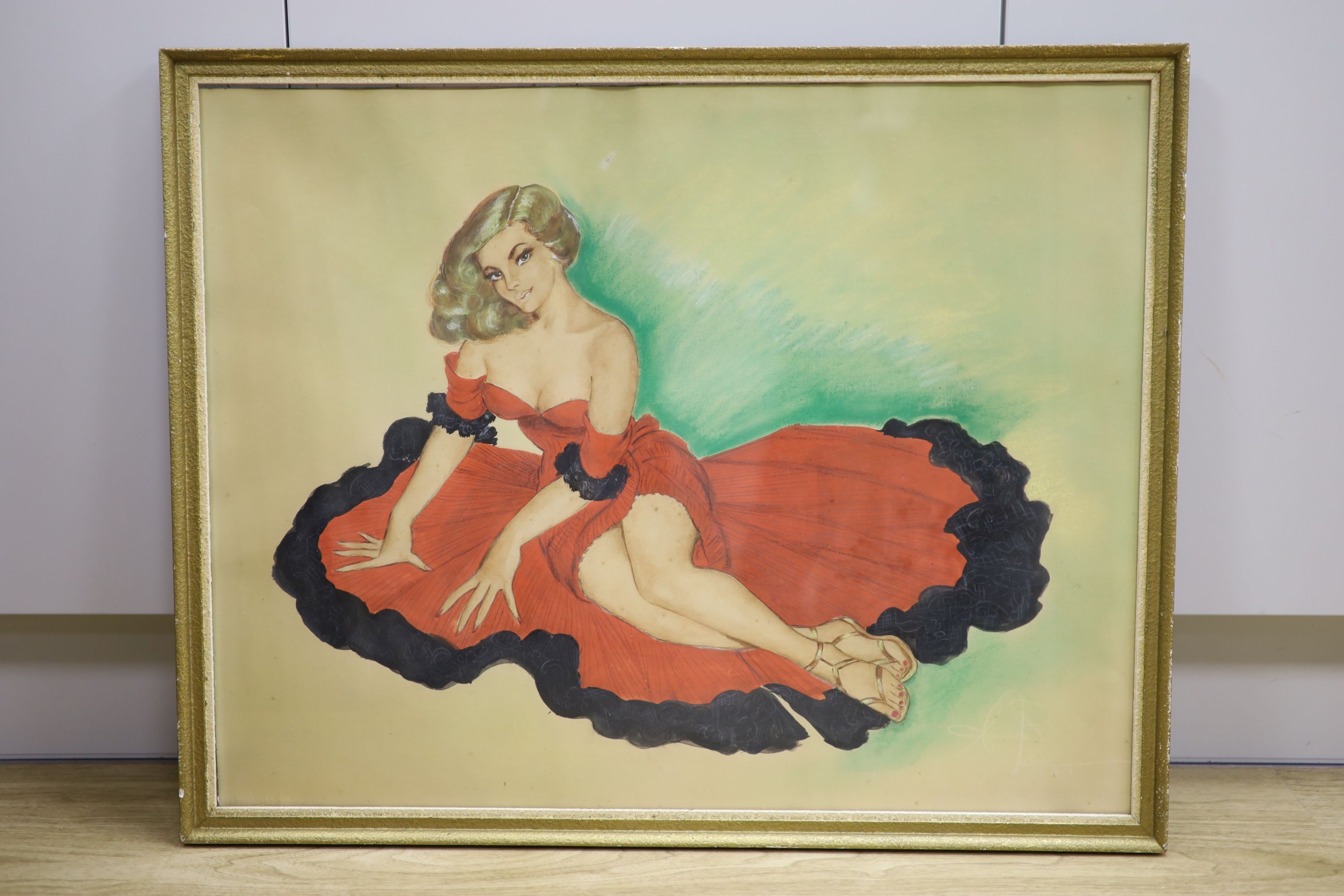 A pin-up style mixed media study of a young woman, indistinctly signed and dated 1954, 57 x 71cm.